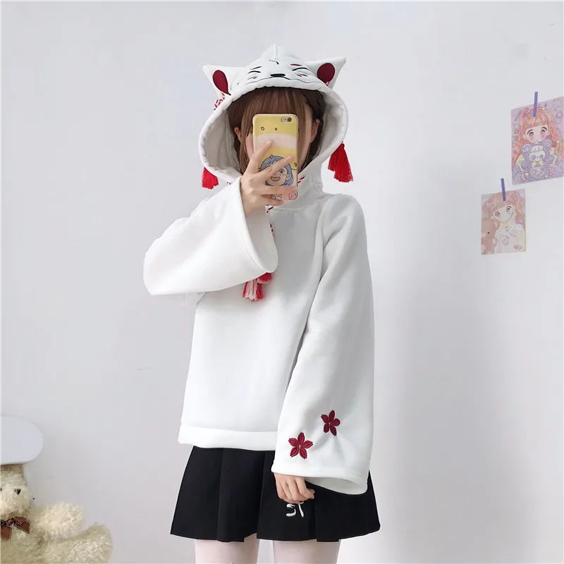  Japanese New Kawaii Embroidery Anime Women Hoodies Mori Girl Tassel Lazy Plus Velvet Long Sleeves C