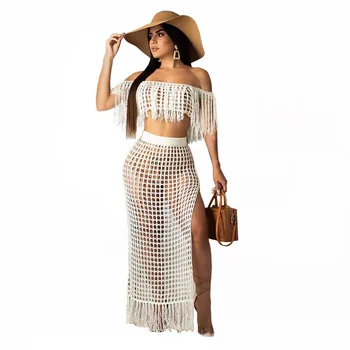 

Women summer two piece set Dresses mesh tassel off shoulder crop tops High split maxi skirts Set beach Style long dress