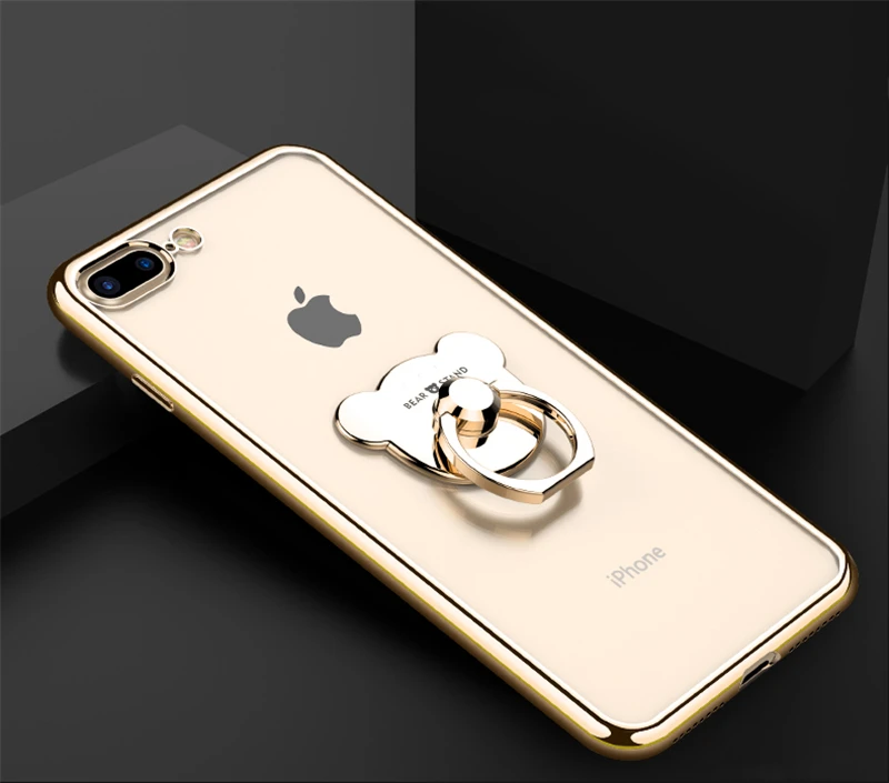 Милый мягкий силиконовый чехол с покрытием для Iphone X, XS, 11 Pro MAX, XR, 8, 7 Plus, чехол с кольцом-медведем для Iphone 6, 6S Plus, 5, чехол - Цвет: Золотой