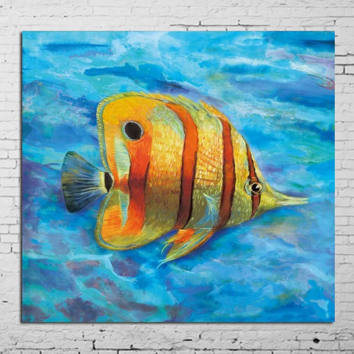 Modern Abstract 100Handpainted Painting Golden Fish In Blue Sea Oil