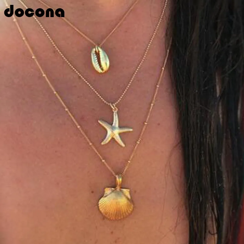 Docona Boho металлическая Длинная Золотая Морская ракушка звезда многослойное