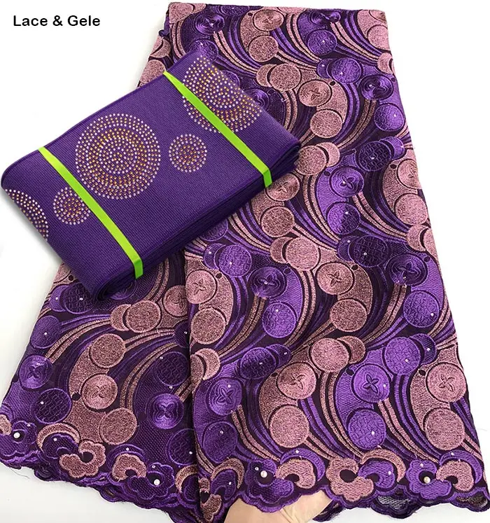 5 ярдов африканская кружевная ткань швейцарская хлопчатобумажная вуаль кружева соответствующие камни ASO OKE gele головной убор хороший выбор - Цвет: purple