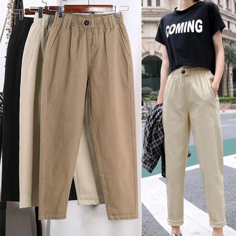 Pantalones Beige casuales de cintura alta para mujer holgados primavera otoño 2019 nuevos pantalones de harén coreanos delgados talla grande nueve pantalones 3XL F279