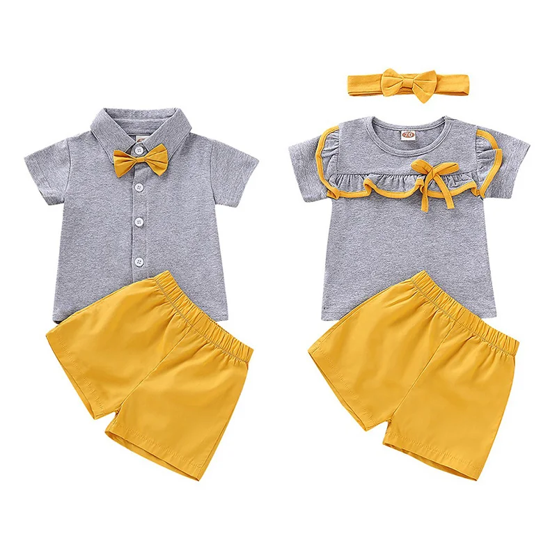 

2019 New Summer Baby Girls Boys Short Sleeve Solid Print T-shirt Tops+Shorts Suits Casual Outfits Sets Brother and Sister Suits