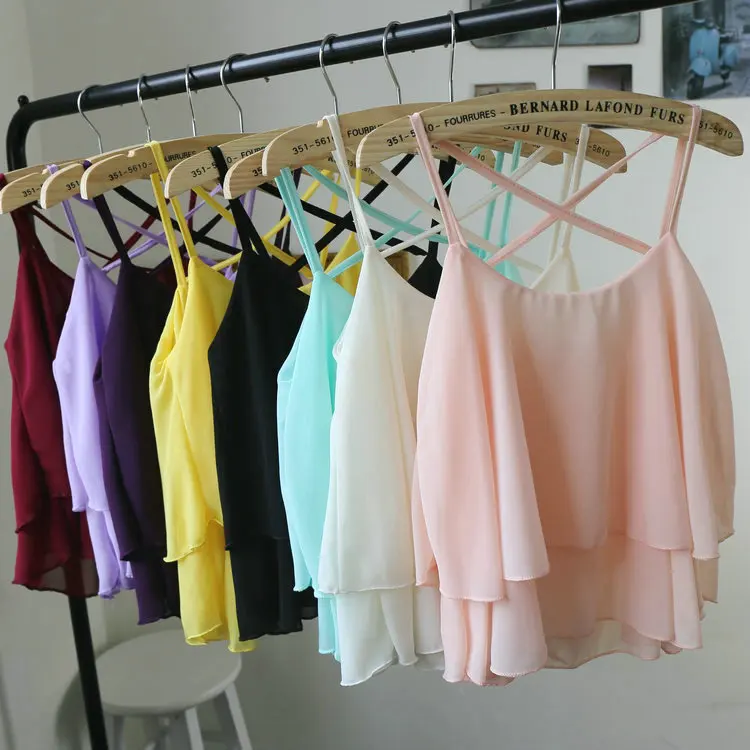 

Good quality women chiffon tank camis solid cross singlet vest woman casual jumper tops female women's clothes