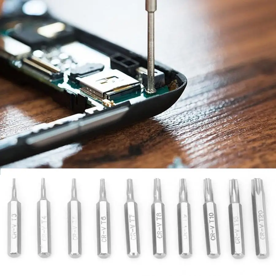 

10PCS 4mm Shank Pentalobe Screwdriver Bits Set Repair Tools T3/T4/T5/T6/T7/T8/T9/T10/T15/T20 Screwdriver Bits Set