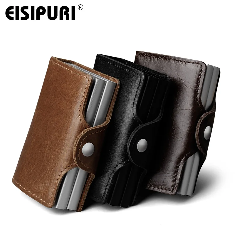 EISIPURI Men Genuine Leather double Metal Credit Card Holder Aluminium RFID Blocking Wallet Hasp Mini Vintage Wallet Hold Cards wallet card holder credit card holder