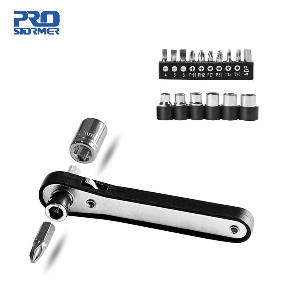 

PROSTORMER Right Angle 1/4" Dual-Drive Head Mini Hand Tool Ratchet Wrench Screwdriver Bit and Socket 17-Piece Set with Small Box