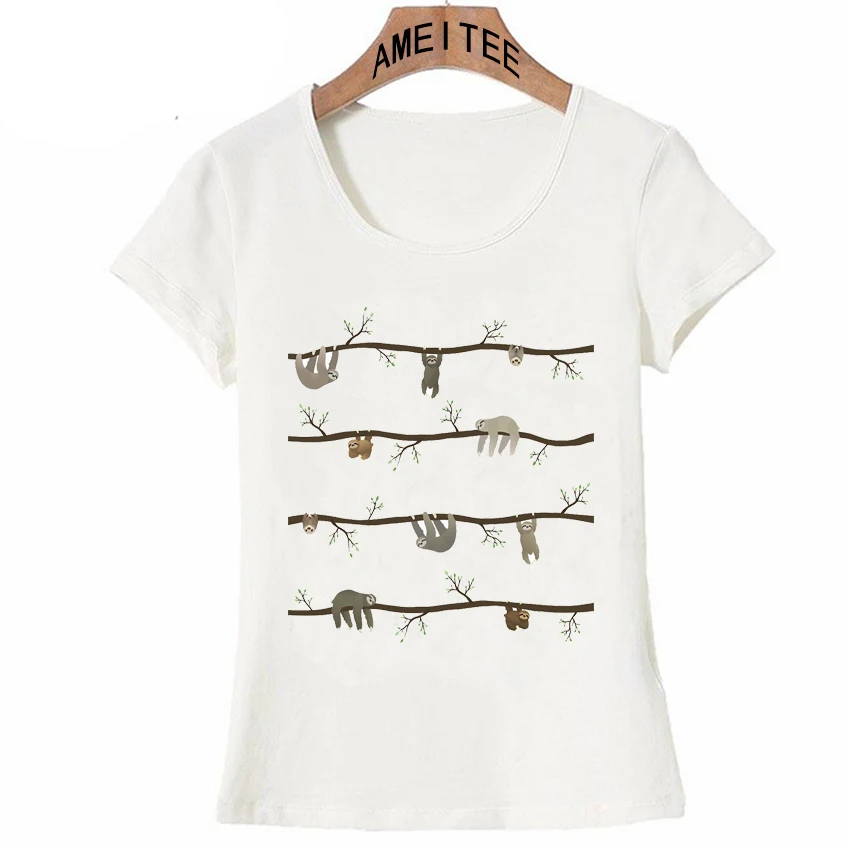 

Sloth on a hanging tree branch Kawaii T-Shirt Novelty Women T Shirts Funny sloths Print Casual Tops Summer cute Woman Tees