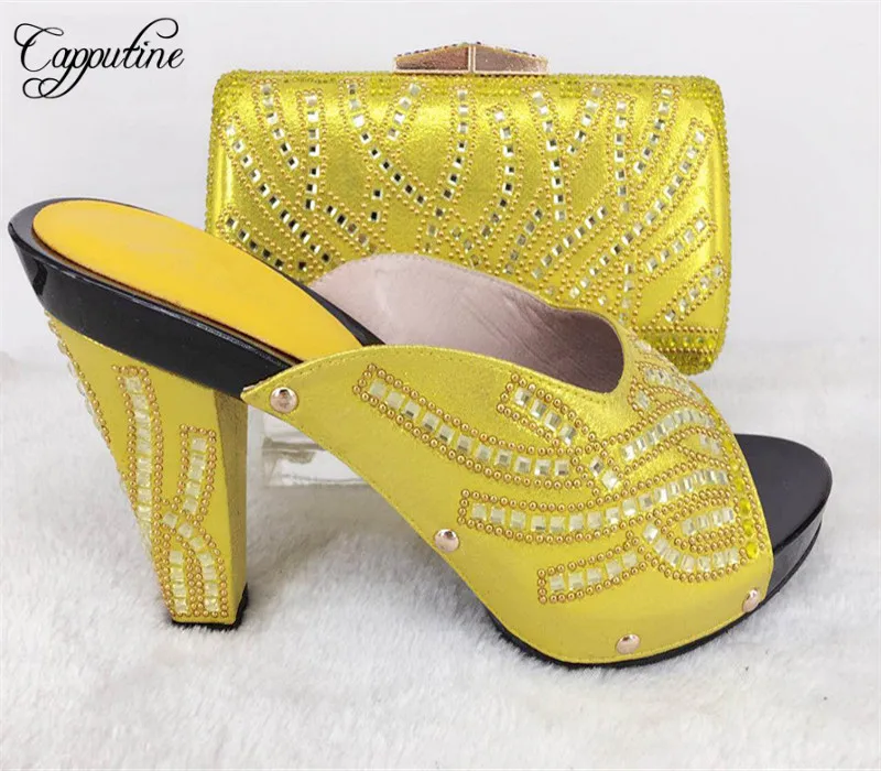 Capputine New Arrival Rhinestone Slipper Shoes And Matching Bag Set Africa Style High Heels Evening Party | Обувь