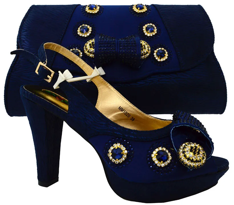 

2017 african shoes with bag for women party high heels pumps dark blue italian matching shoes and bag set MM1020