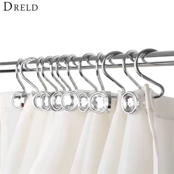 

DRELD 12pcs Glide Rings Curtain Hooks Rhinestones Shower Bathroom Curtain Hook Metal For Poles Curtain Decorative Accessories