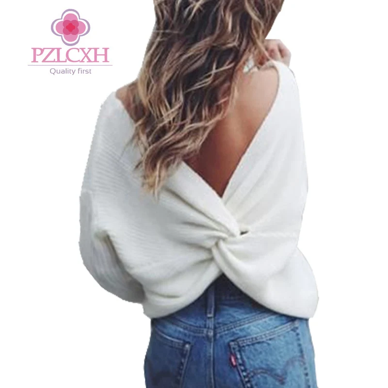 Pzlcxh 2018 New Women Loose V-neck Halter Pullover Sweaters European Irregular Cross Back Knit Wear Fashion Solid Sweater ZB013 | Женская