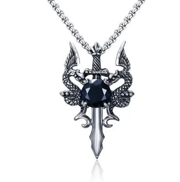 

2019 New Rock Punk Sword Dragon Pedant Necklace Red/Black Crystal Bat Link Chain Necklace Men Rock Necklace Christmas Colar Gift