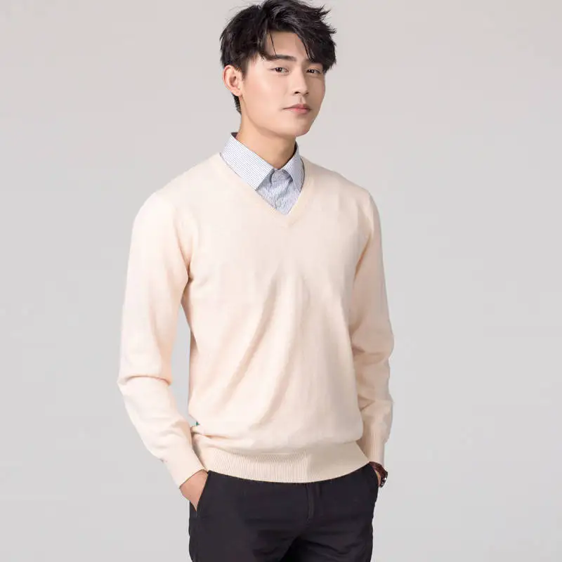 Vneck beige Мужские пуловеры, новинка зимы, модный свитер Vneck, кашемировые и шерстяные вязаные Джемперы, Мужская шерстяная одежда, Лидер продаж, стандартные мужские топы - Цвет: Vneck beige