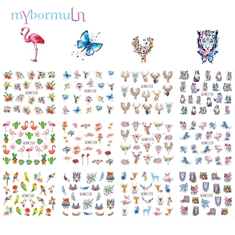 

12 Types Water Nail Stickers butterfly Flamingo/parrot/tiger/deer/flower Pattern Sliders Wraps Nail Art Decor Tips BN1165-1176