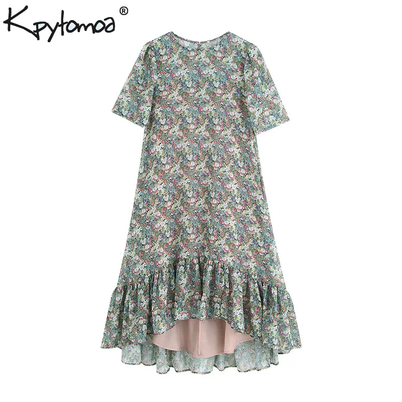 

Vintage Stylish Floral Print Chiffon Irregular Midi Dress Women 2020 Fashion Short Sleeve Ruffles Dresses Casual Vestidos Mujer