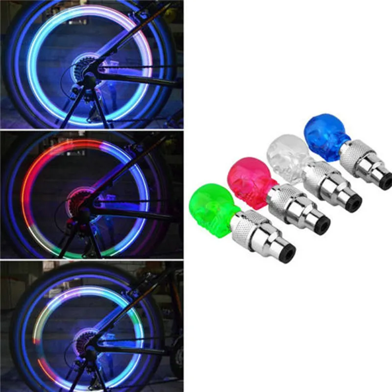 new 2Pcs 4 Colors Wheel Tire Valve Sealing Cap Skull Shape LED Light