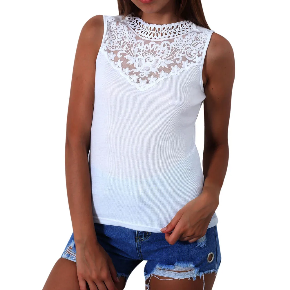 Womai 2019 Women Fashion Lace T Shirt Sleeveless Patchwork Slim Casual Tops W30327