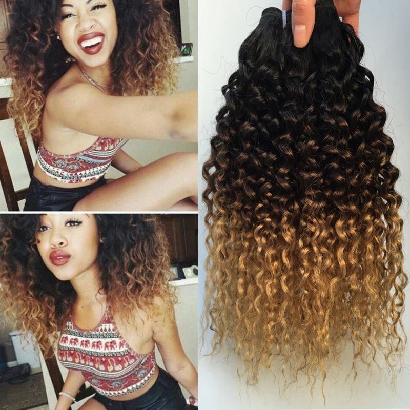 Indien Profonde Bouclés Vierge Faisceaux de Cheveux Trois Tone Ombre Crépus Cheveux bouclés Armure Brun Bourgogne Blonde Afro Cu.