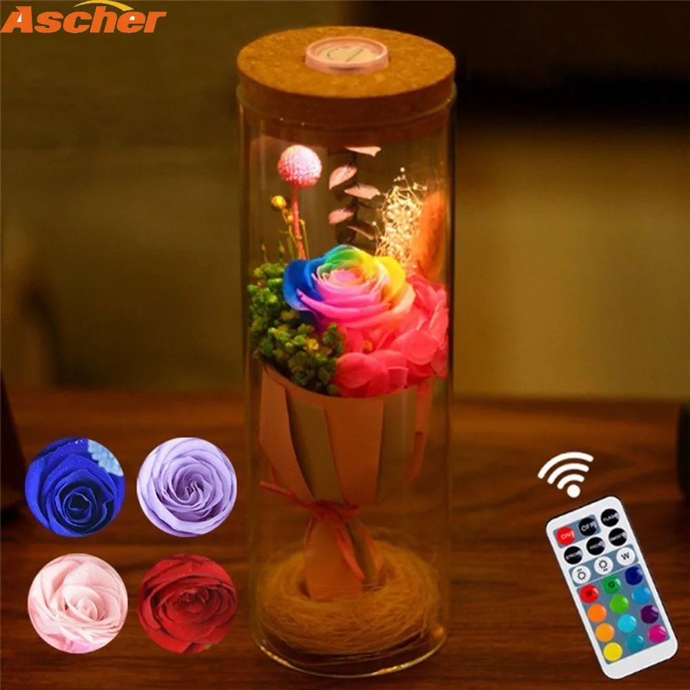 

Ascher LED Rose Night Light RGB Dimmer Bottle Lamp Real Flower With Remote Control Home Bedside Decor Lighting Birthday Gift