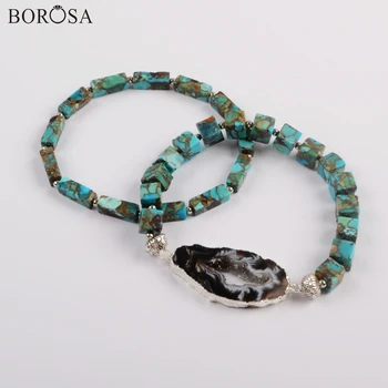 

BOROSA 3/5Sets Silver Color Natural Onyx Agates Druzy Slice With Square & Rectangle Cooper Turquoises Beads Bracelet Sets G1825