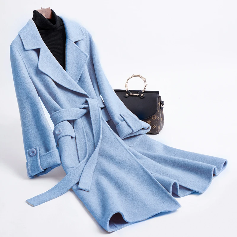 

double-sided woolen women fashion overcoat adjustable wide waisted suits collar buckle cuff light blue 4color S-2XL