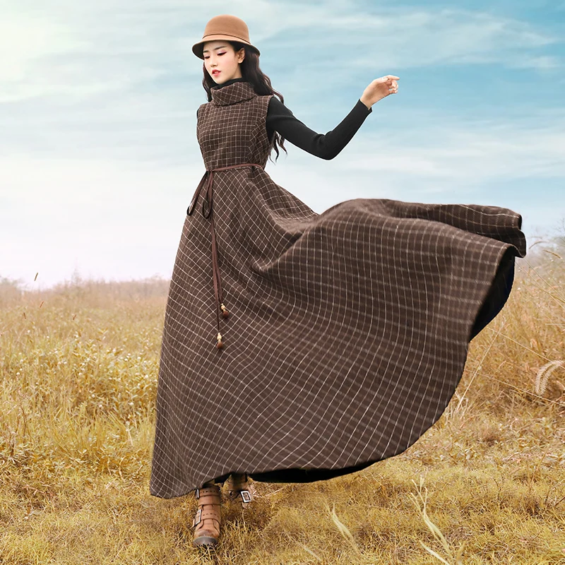 Free Shipping 22 Boshow New Fashion Vintage Winter Woolen Turtleneck Vest One Piece Dresses Plaid A Line Dress With Pockets Dresses Aliexpress