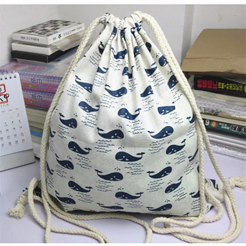 

YILE YWA11 Simple Fabric Bag Linen Drawstring Travelling Backpack Student Book Bag Blue Whale
