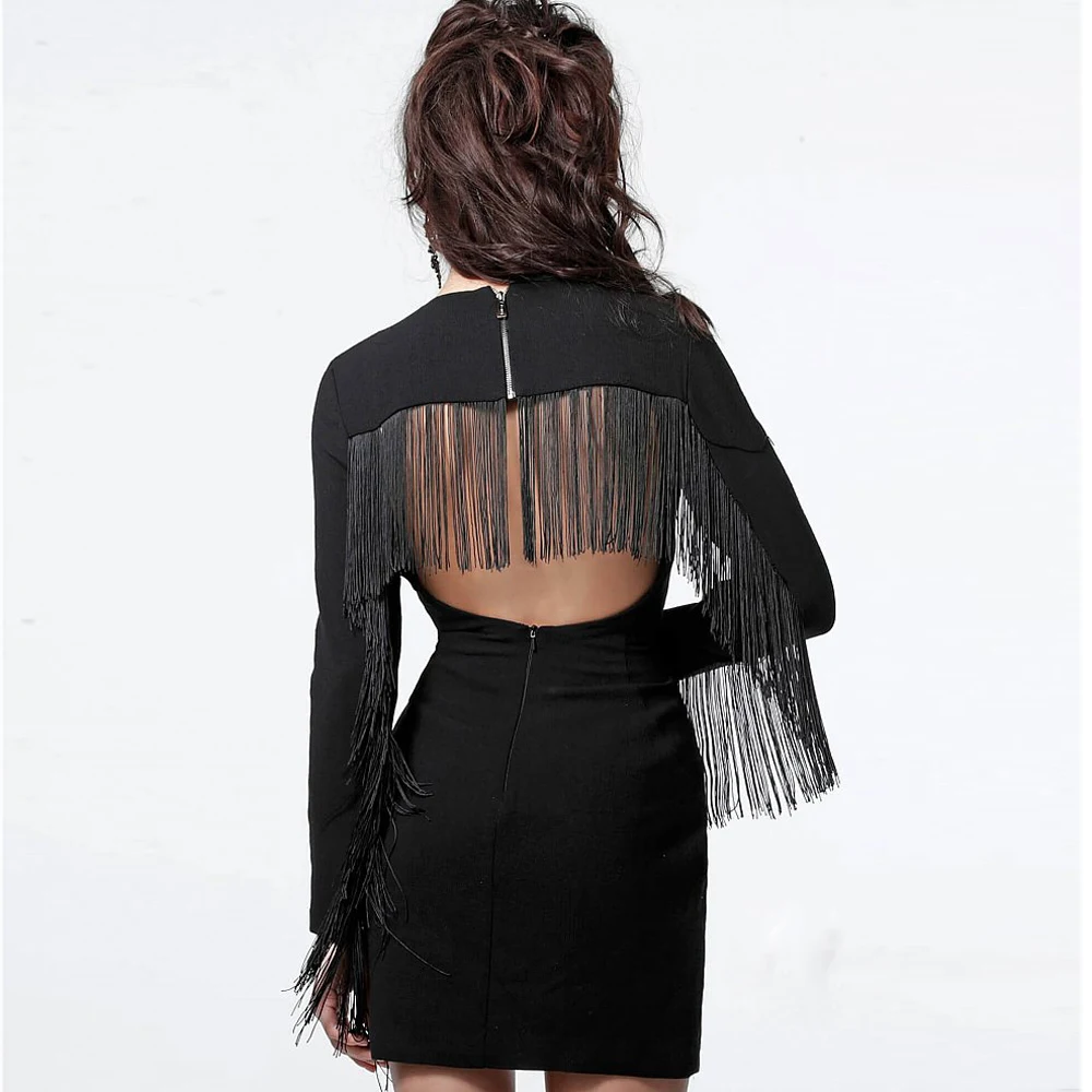

Sexy Tassel Sleeve Hollow Out Black Party Dress O Neck Backless Night Club Mini Dress Open Back Dress