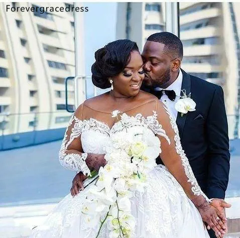 African Arabic Plus Size Wedding Dresses 2019 Sheer Long Sleeve Applique Ruched Bridal Wedding Gowns Puffy With Court Train Custom Made  185 (7)