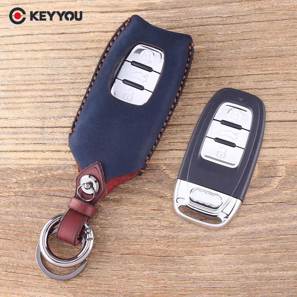 

KEYYOU Leather Car Key Cover Case For Audi A8 New A6L A4 3 Buttons Smart Car Key Chain Bag Leather Key Wallet Holder