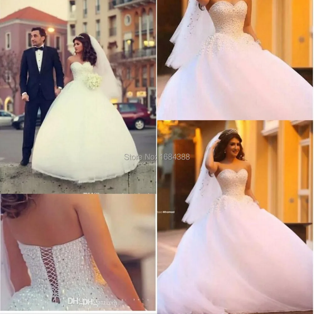 White Crystal Ball Gown Wedding Dresses Sweetheart Pearl Floor Length