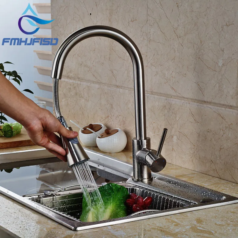 

Wholesale And Retail Luxury Pull Out Nickel Brushed Kitchen Faucet Swivel Spout Vessel Sink Mixer Tap Single Handle Hole