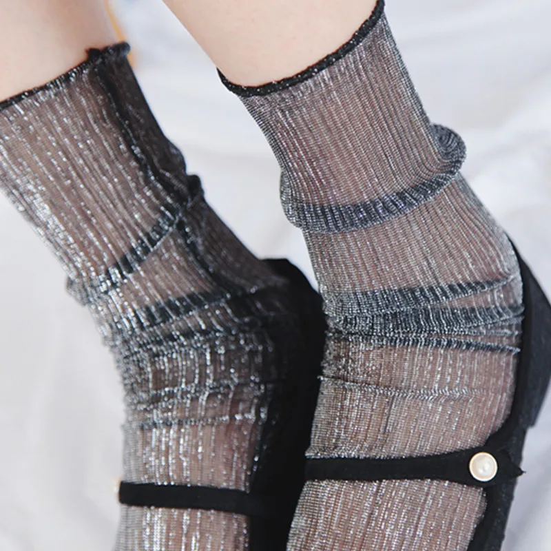 Women's Glitter Socks Fashion Short Mesh Socks Japanese Harajuku Calcetines Ladies Black Socks Transparent Sox Female Hosiery Women's Glitter Socks Fashion Short Mesh Socks Japanese Harajuku Calcetines Ladies Black Socks Transparent Sox Female Hosiery