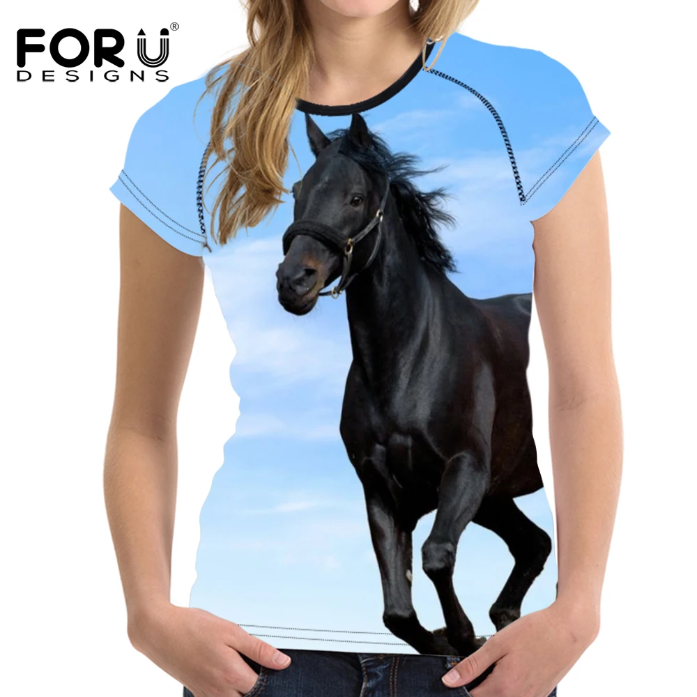 FORUDESIGNS/синий 3D Принт лошади Женская футболка лошадь Женские топы с круглым вырезом дыхание повседневная женская футболка укороченный топ