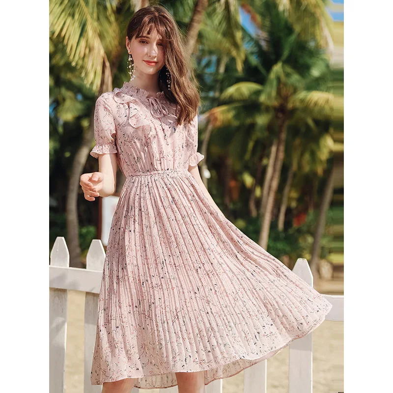 

Printed Dress 2019 Summer New Style V-neck Short-Sleeve Ruffle Sleeve Pleated Temperament Light Cooked Chiffon