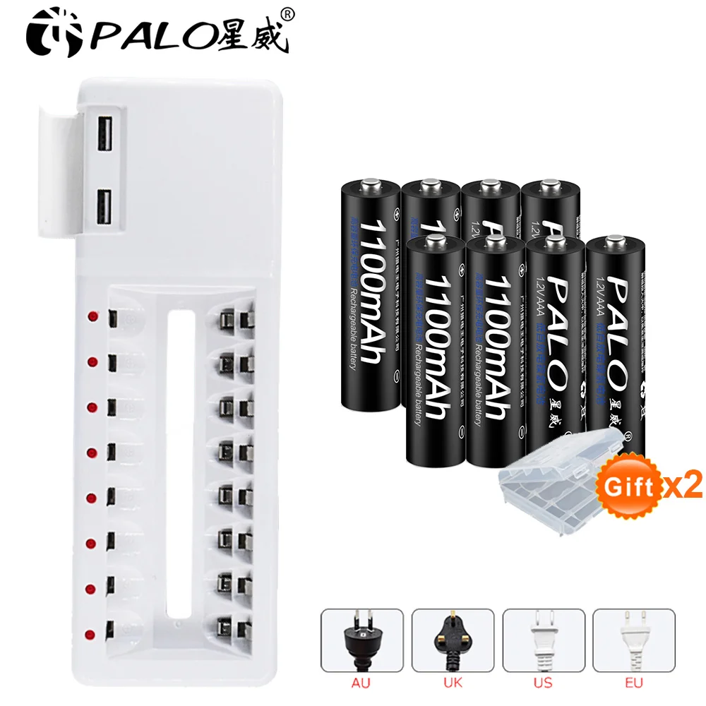 

PALO 8pcs AAA 1.2V Ni-MH rechargeable battery+2 USB interface battery charger for AA AAA Ni-CD Ni-MH 1.2V rechargeable battery