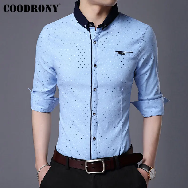 COODRONY, брендовая мужская рубашка, осень, Новое поступление, длинный рукав, хлопок, рубашка для мужчин, уличная мода, в горошек, маленький воротник, повседневные рубашки 96020 - Цвет: Небесно-голубой