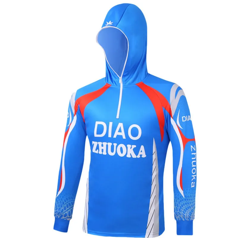  Unisex Hat Mask Fishing Clothing Hooded Long Sleeve Blue Sunscreen Anti UV Fishing Shirts Quick Dry