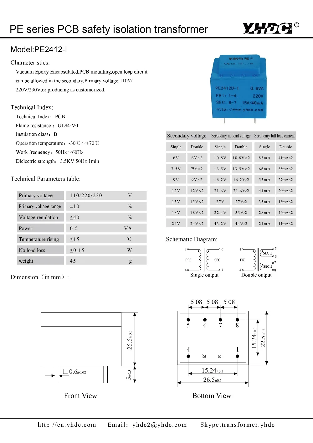 YHDC PE2412-I мощность 0.5VA вход 230 V выход 6 V герметизированный трансформатор для сварки печатной платы трансформатор