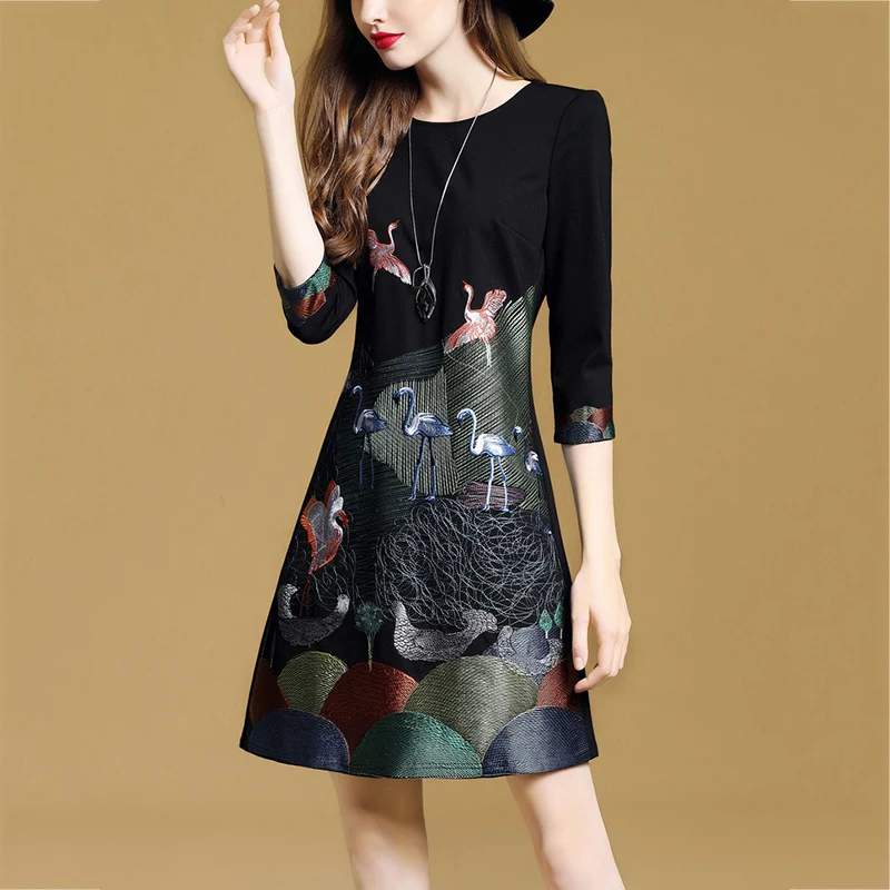 2019 Spring Summer New Women's Office Lady embroidered dress Fashion O-Neck Elegant Slim A word Mini LF1057 | Женская одежда