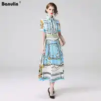 Banulin Fashion Designer Runway Dress Spring Summer Women Dress Short Sleeve Floral Print Slim Elegant Pleated Dresses B6222