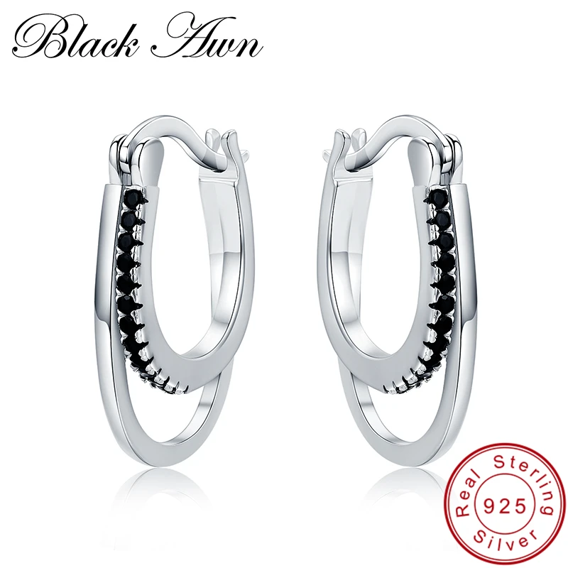 

[BLACK AWN] Vintage 925 Sterling Silver Earrings Engagement Hoop Earrings for Women Fine Jewelry Bijoux I004