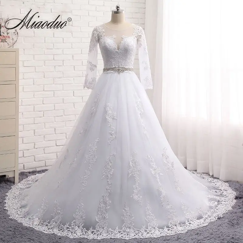 

Miaoduo Romantic Scoop Elegant Princess Wedding Dress 2019 Long Sleeves Appliques with sash Ball Gown vestido De Noiva Custom