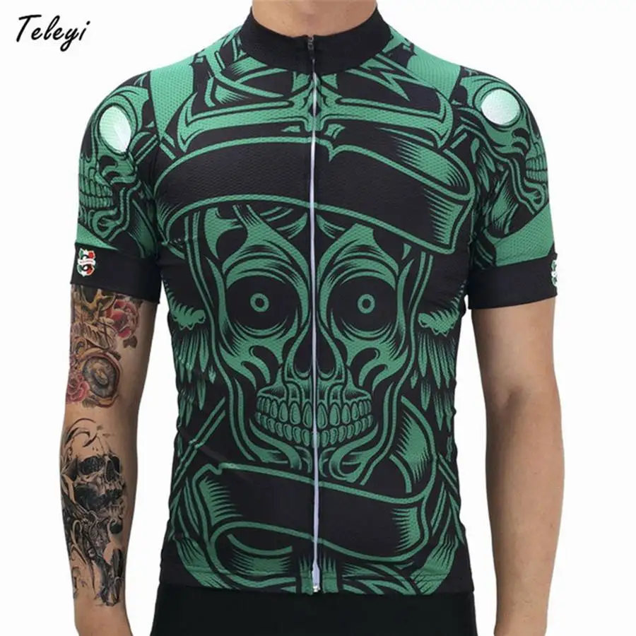 

Skull Green T-shirt Cycling Jersey Teleyi Men Short Sleeve Bike Jersey Outdoor Racing Bike Team Cycling Clothing Wear Quick Dry