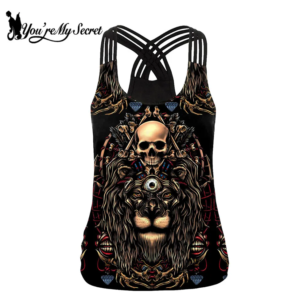 

[You're My Secret] 2019 Skull New Design Punk Women Tank Tops Gothic Style Lion Sling Top Backless Streetware Vest Top Summer