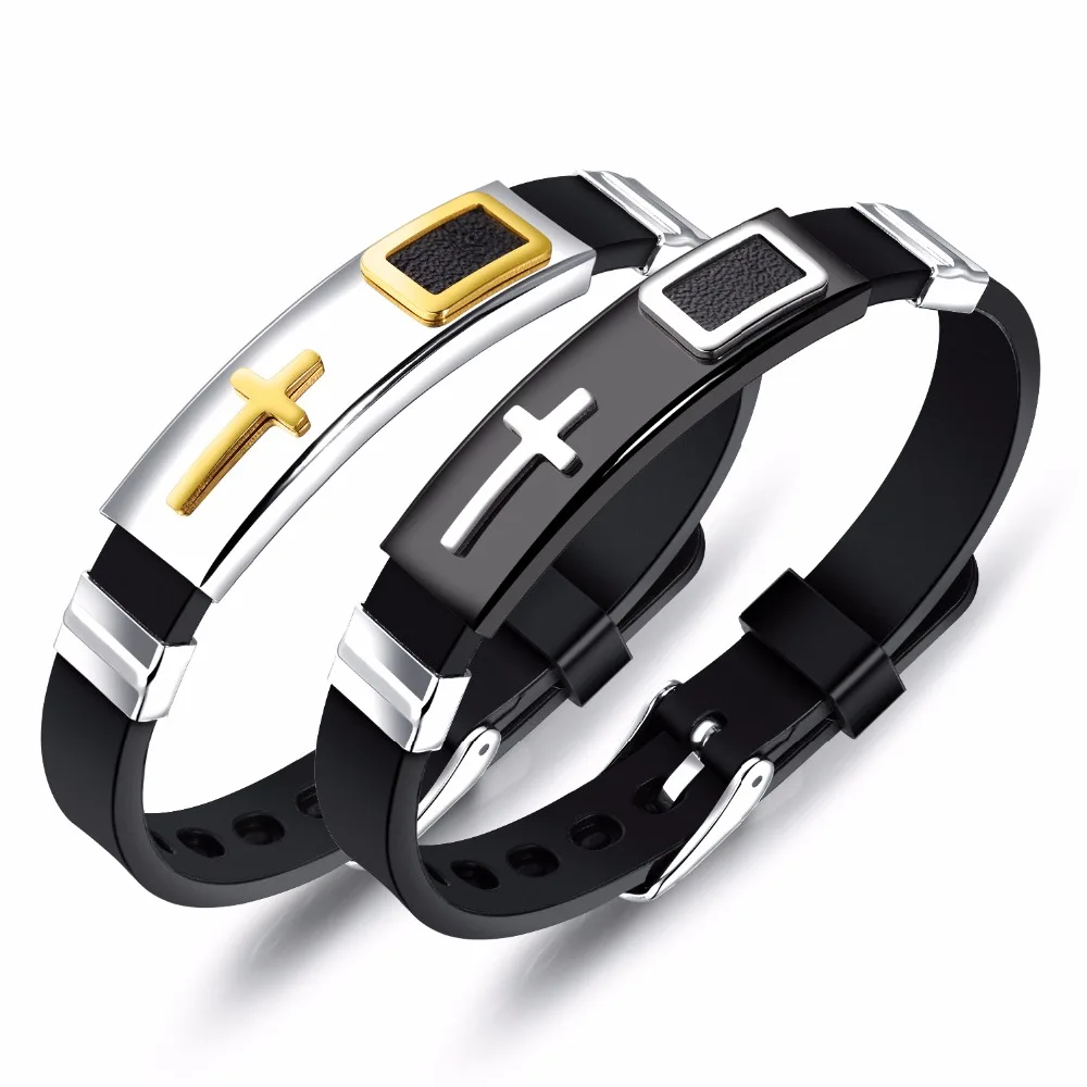 New Gold Color Cross Bracelet For Men Women Stainless Steel Black