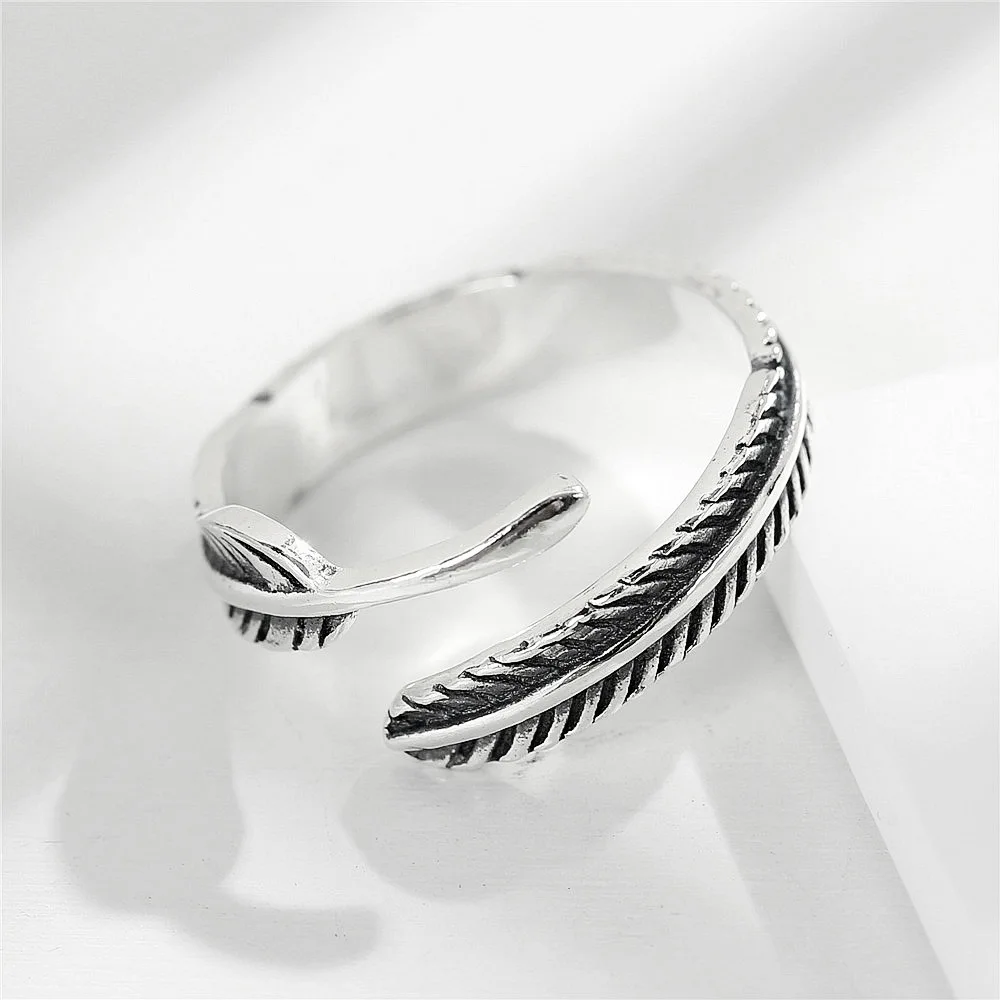 feather Rings 100% Sterling 925 silver Jewelry Vintage Adjustable rings for women gift