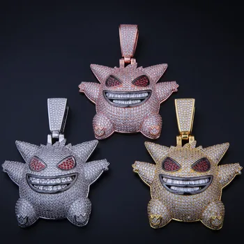 

New Arrival Pink Big Pokemon Mask Gengar Pendant Necklace Men Hip Hop AAA CZ Zircon Bling Ice Out Rapper Jewelry 28" Cuban chain